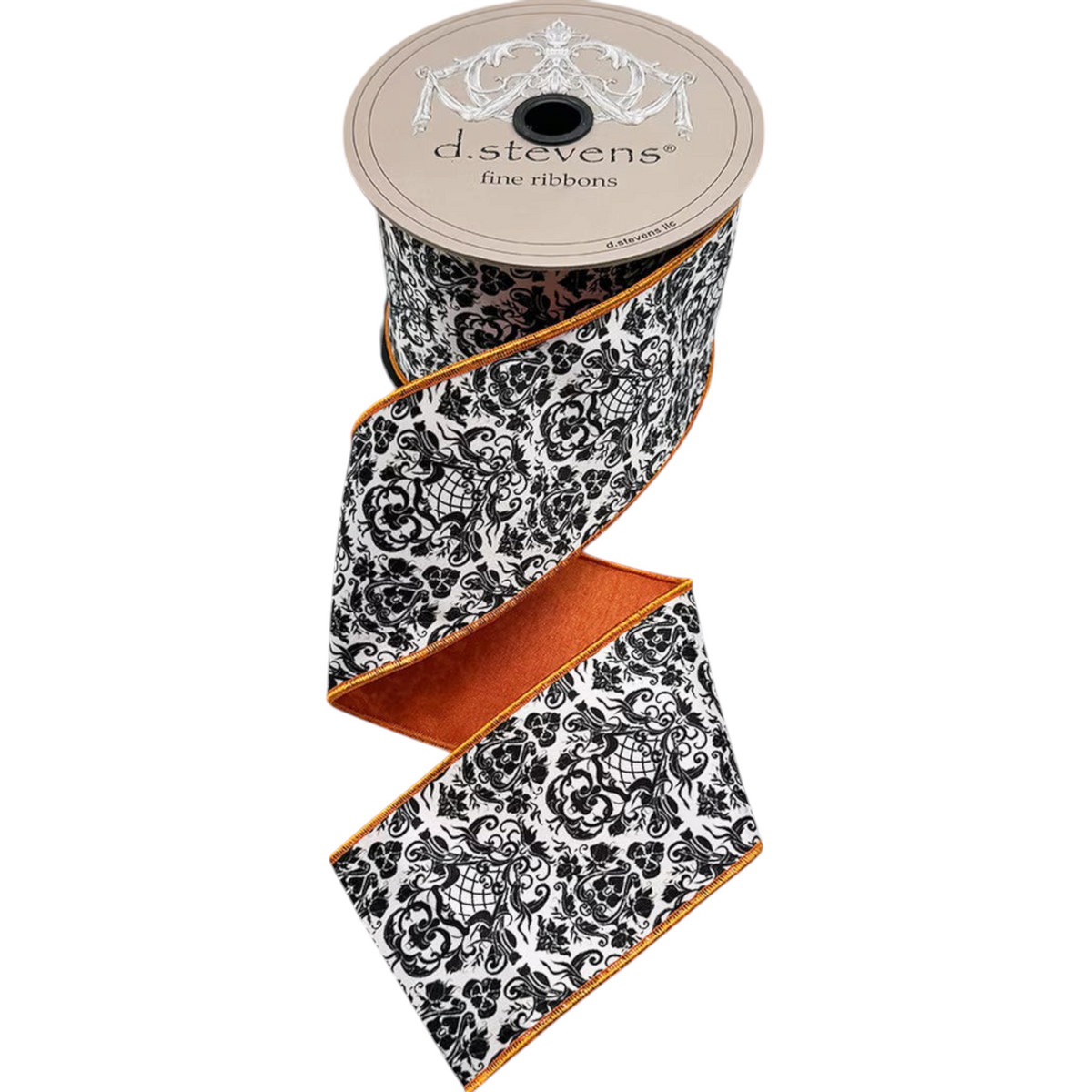 The Matthew John Collective D Stevens 3-inch wired satin ribbon featuring a black and white damask pattern and orange