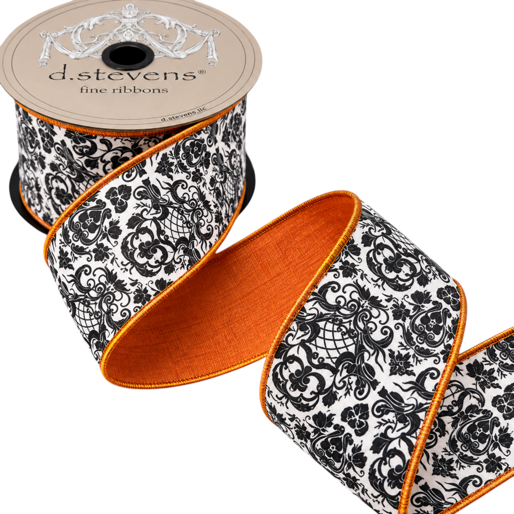 The Matthew John Collective D Stevens Halloween ribbon with black and white damask pattern and orange satin reverse.