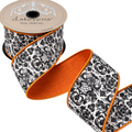 The Matthew John Collective D Stevens Halloween ribbon with black and white damask pattern and orange satin reverse.