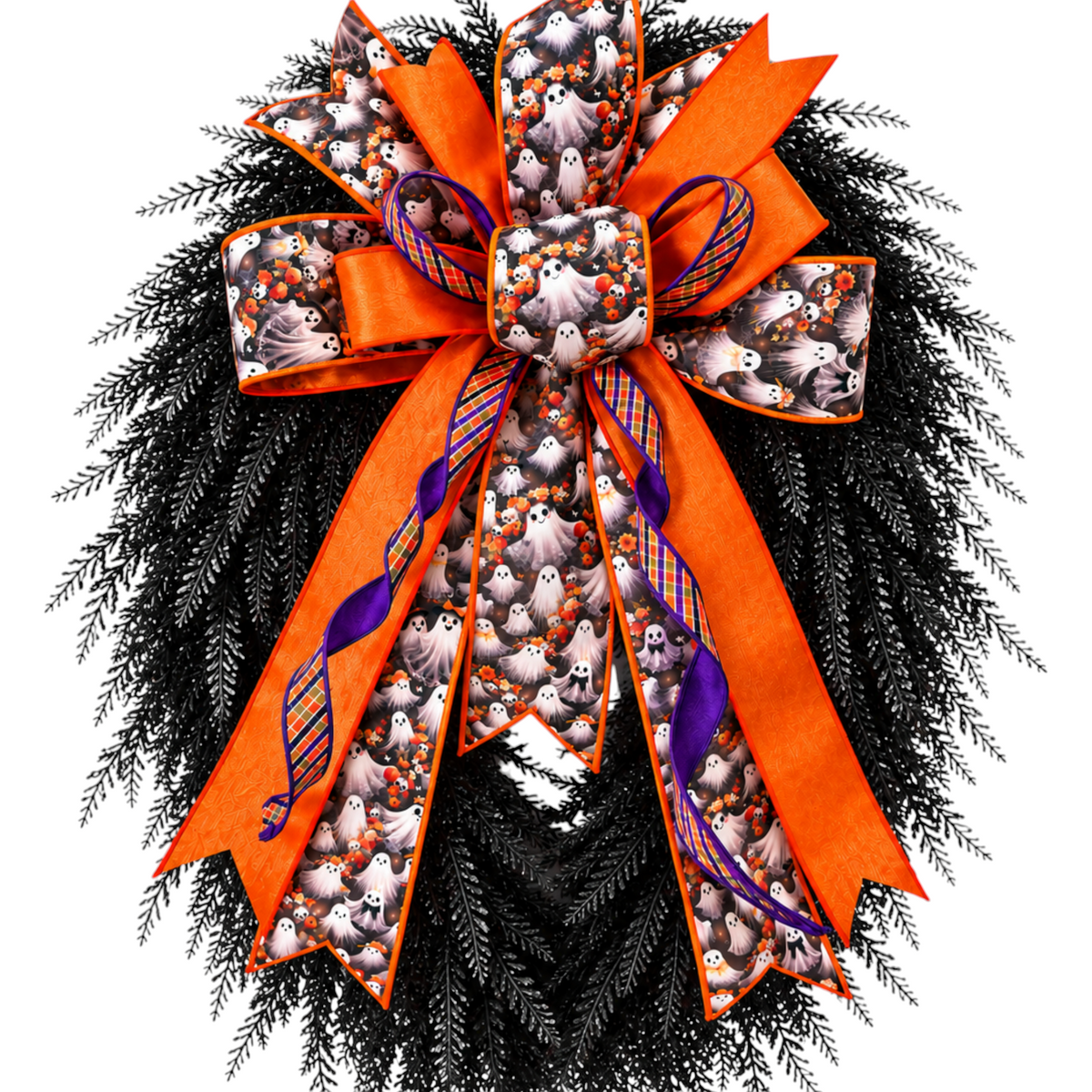 The Matthew John Collective oversized Halloween ghost wreath bow with orange, purple, and plaid ribbon tails.