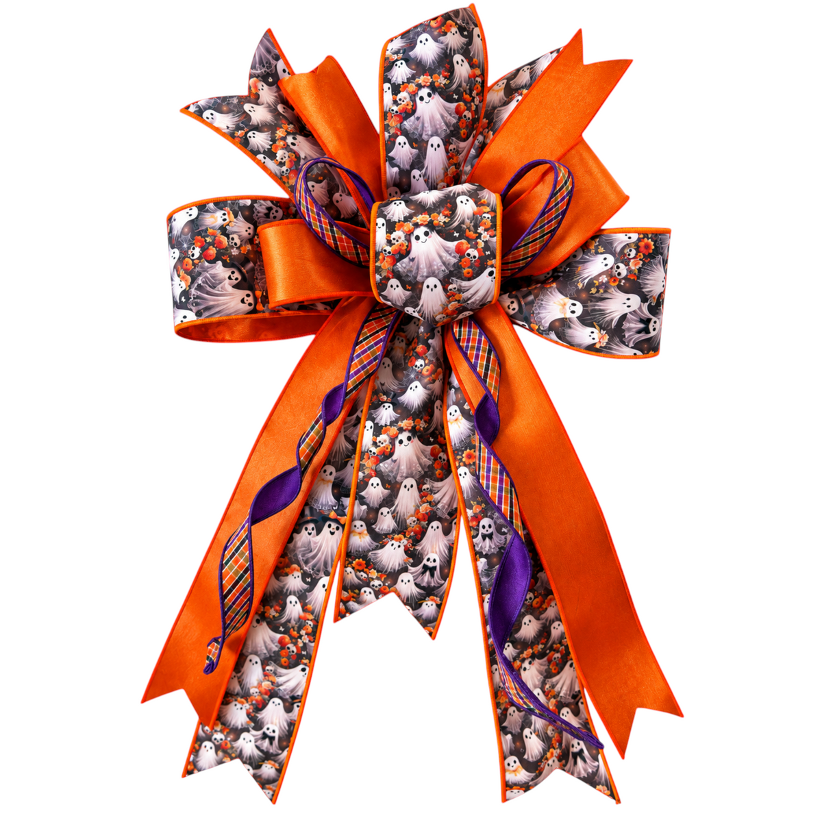 The Matthew John Collective oversized Halloween ghost wreath bow with orange, purple, and plaid ribbon accents.