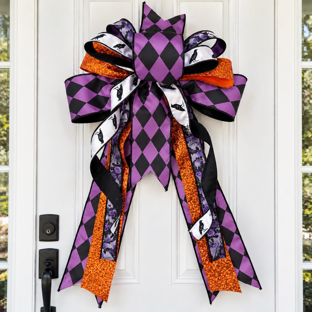 The Matthew John Collective handmade Halloween bow with purple harlequin, raven print, and orange glitter ribbons.