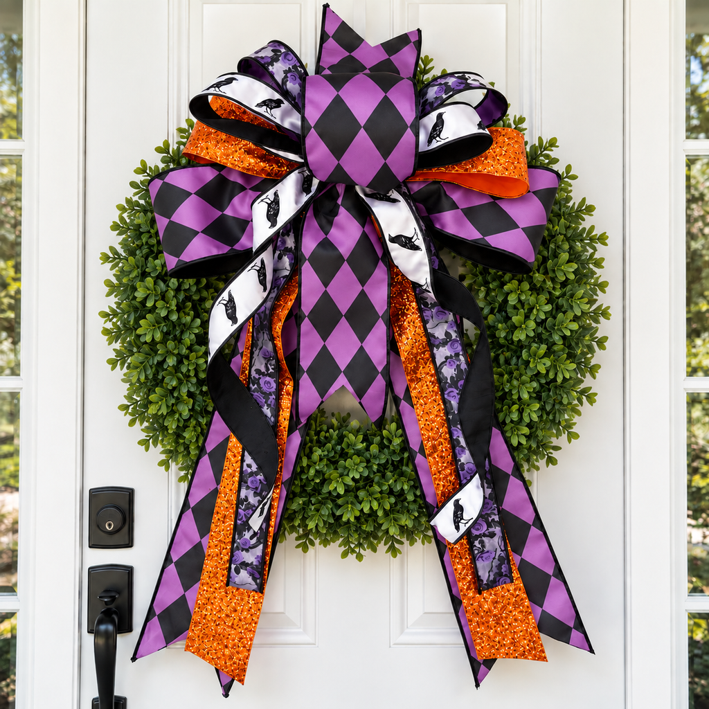 The Matthew John Collective handmade Halloween bow with harlequin, raven, and glitter orange ribbon on a green wreath.