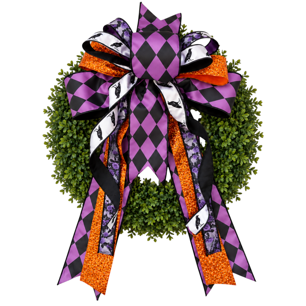The Matthew John Collective handmade Halloween bow featuring purple harlequin, raven print, and orange glitter ribbons.
