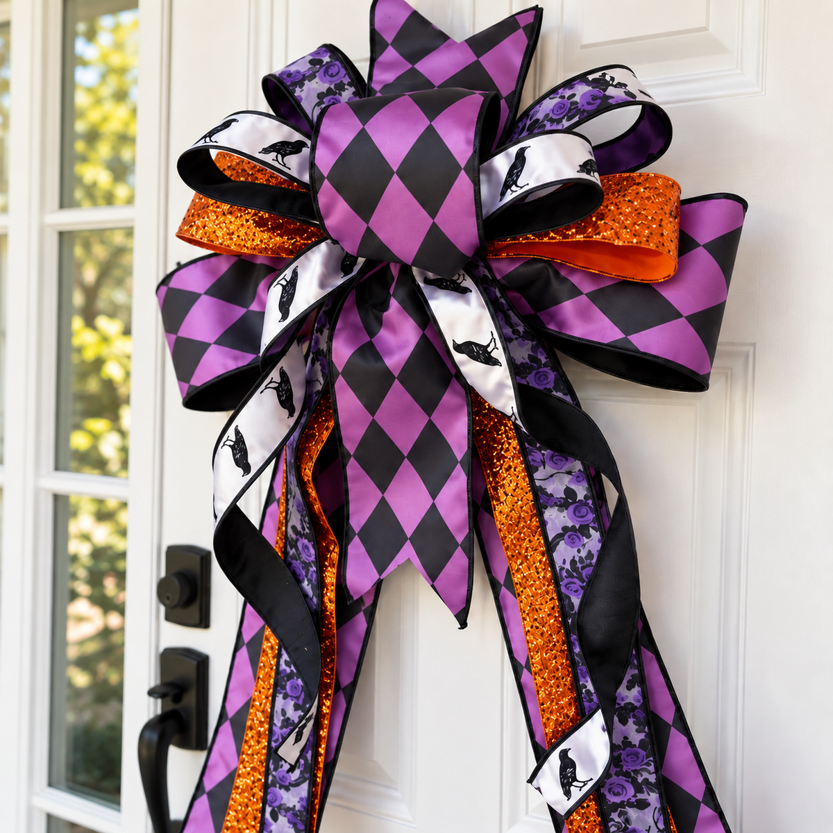 The Matthew John Collective handmade Halloween bow with purple harlequin, raven print, and orange glitter ribbons.