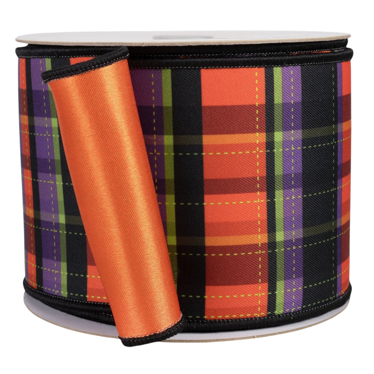 The Matthew John Collective 4-inch wide Halloween ribbon with a dashed plaid front and solid orange satin reverse.