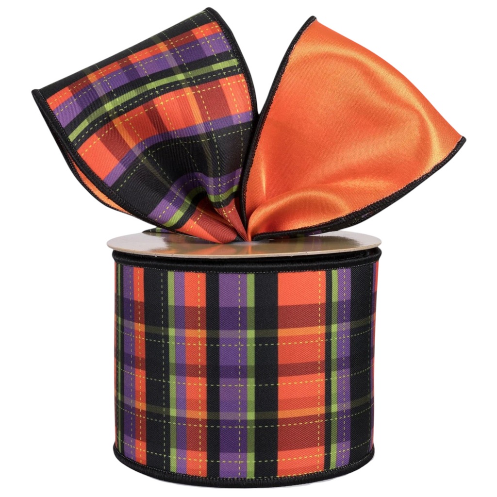 The Matthew John Collective 4-inch wide Halloween ribbon with orange, purple, and green plaid and solid orange satin.