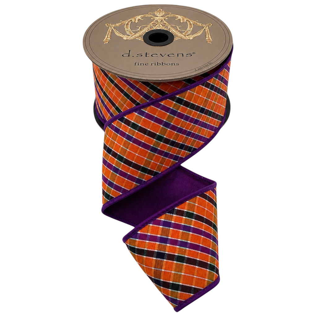 The Matthew John Collective D Stevens Halloween dupioni ribbon with orange, purple, and black plaid stripes and wired edges