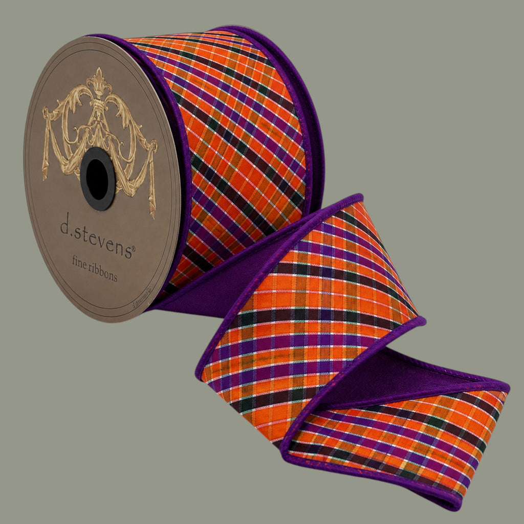 The Matthew John Collective D. Stevens Halloween dupioni ribbon with orange, purple, and black plaid stripes.