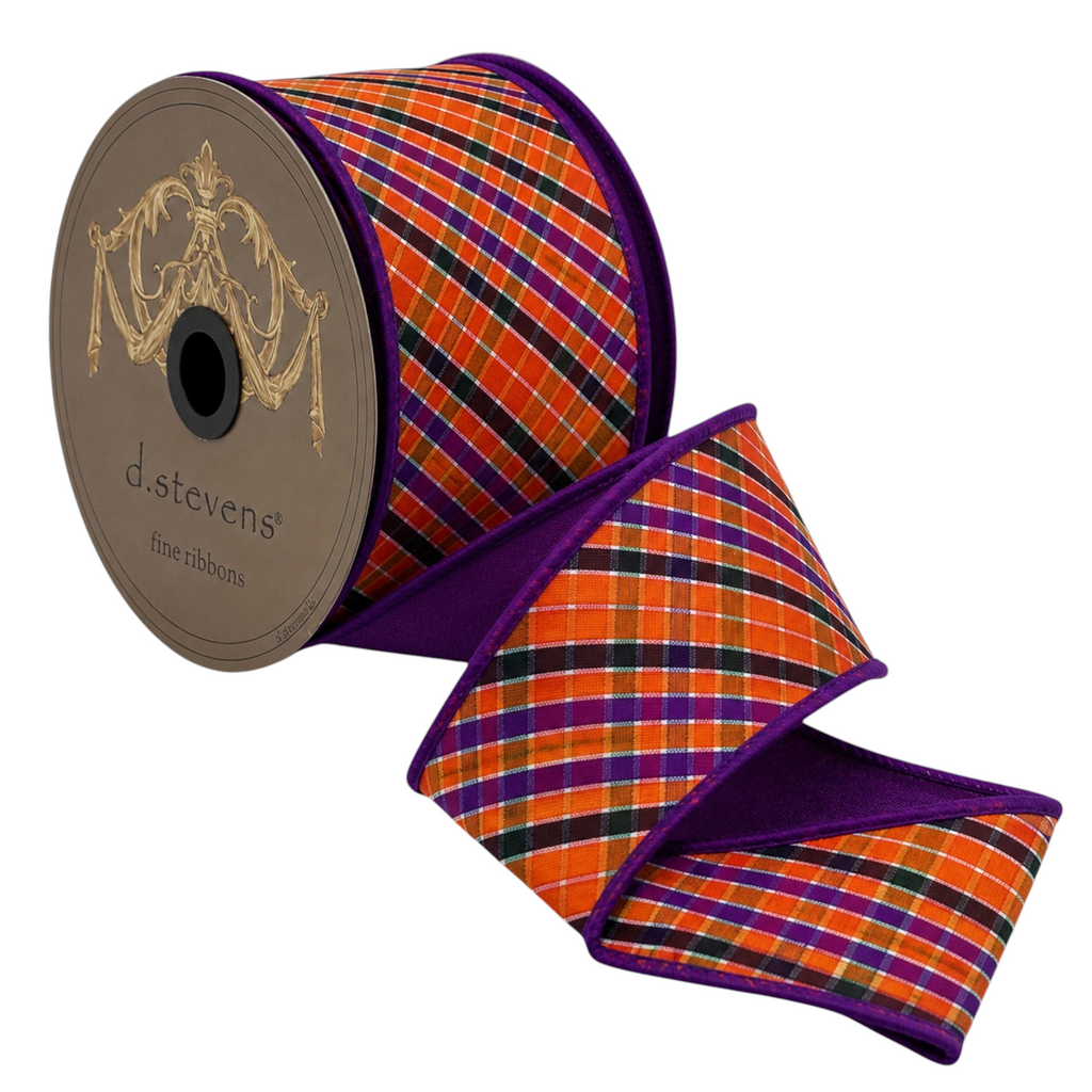 The Matthew John Collective D. Stevens Halloween dupioni ribbon with orange, purple, and black plaid stripes.