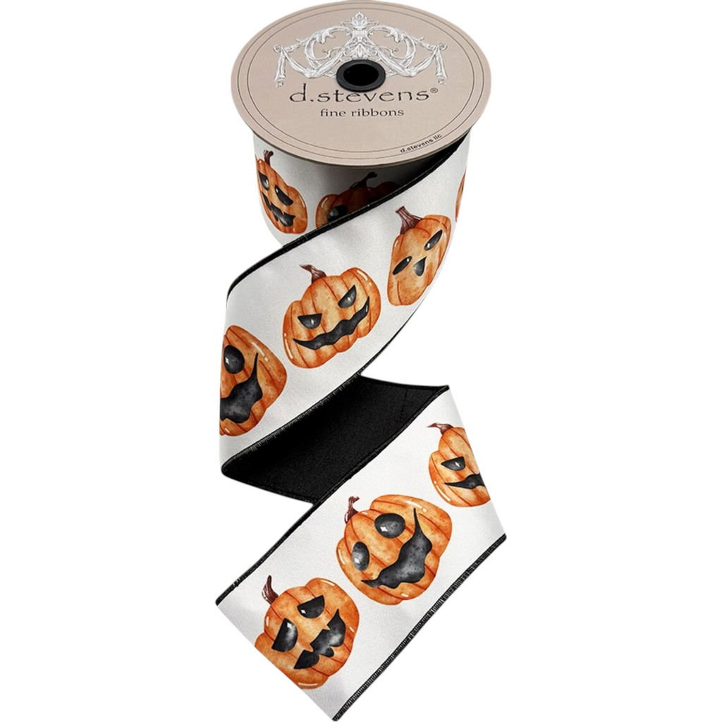 The Matthew John Collective D. Stevens 3-inch white satin Halloween ribbon with watercolor Jack O' Lantern print
