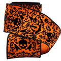 The Matthew John Collective orange dupioni ribbon with black flocked skulls, bats, and ravens for Halloween decor.