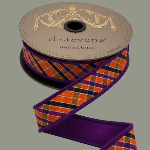 The Matthew John Collective D. Stevens 1 inch orange, purple, and black striped dupioni wired Halloween ribbon roll.