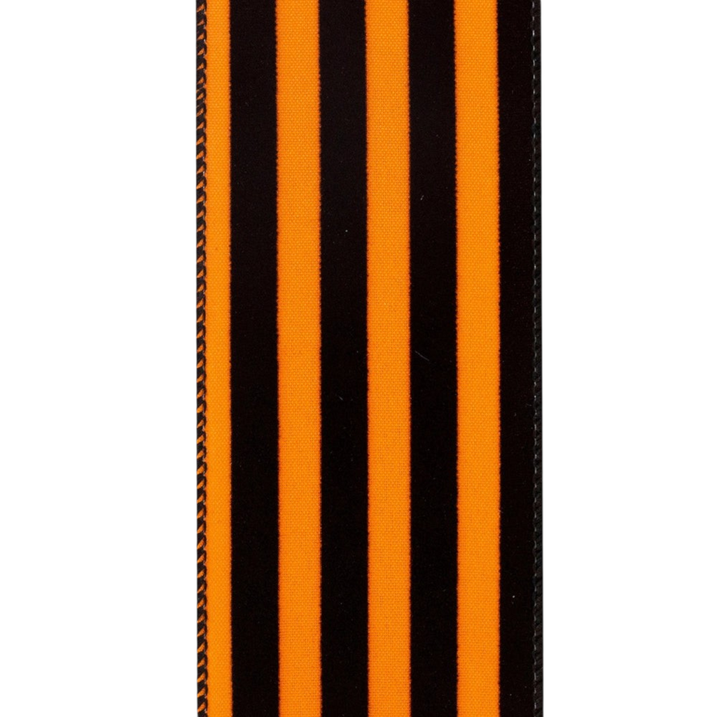 The Matthew John Collective 2.5 inch wired ribbon featuring bold orange and black flocked vertical stripes.