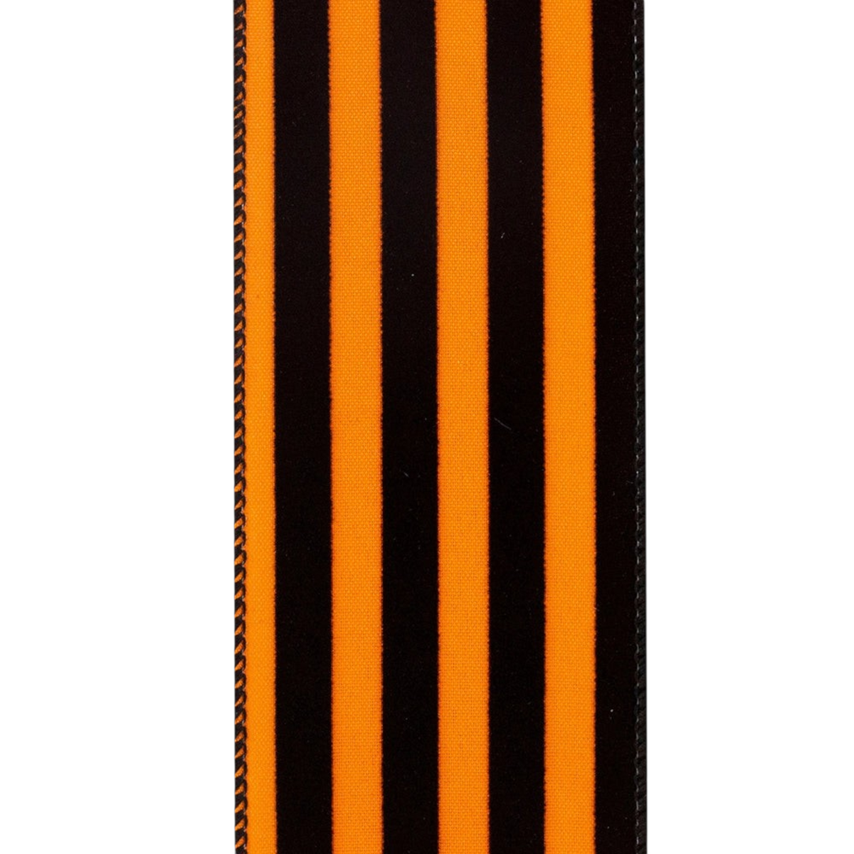 The Matthew John Collective 2.5 inch wired ribbon featuring bold orange and black flocked vertical stripes.