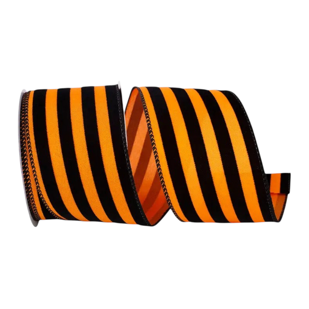 The Matthew John Collective 2.5 inch orange and black flocked stripe wired ribbon for Halloween wreaths and bows.