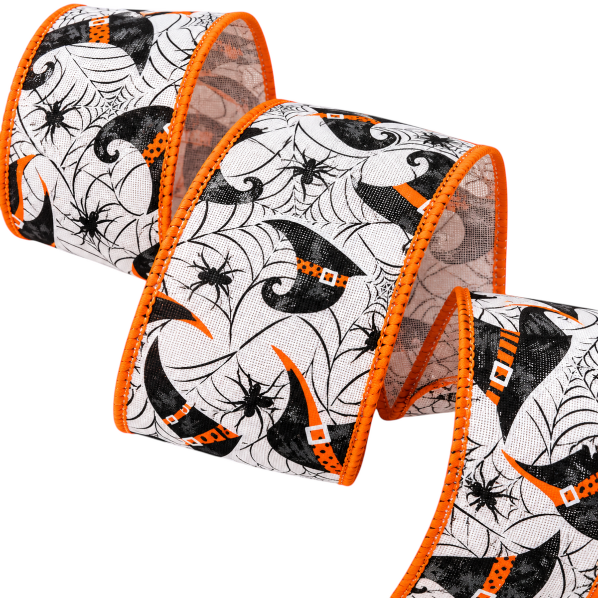The Matthew John Collective Halloween wired ribbon featuring black witch hats and spiders on a white spiderweb pattern.