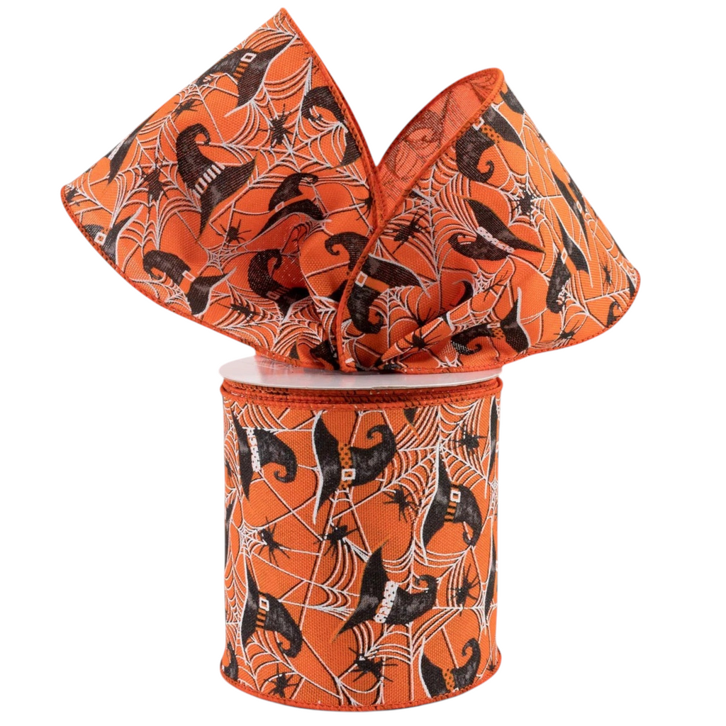 The Matthew John Collective orange canvas ribbon featuring witch hats, spider webs, and spiders with wired edges.