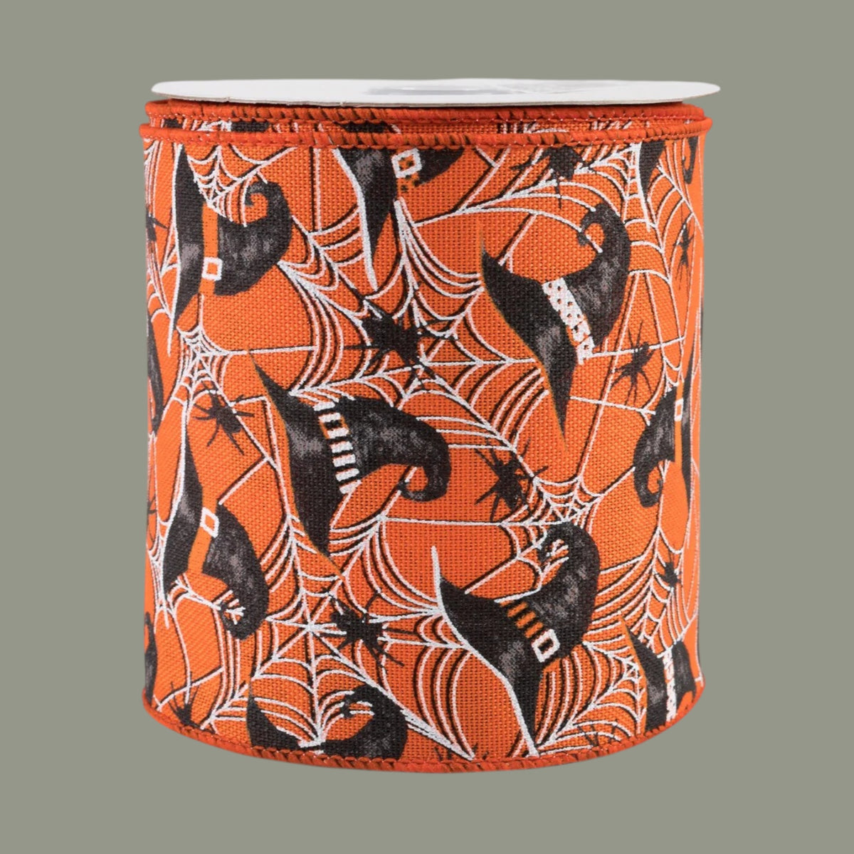 The Matthew John Collective orange canvas ribbon featuring witch hats, spider webs, and black spiders with wired edges.