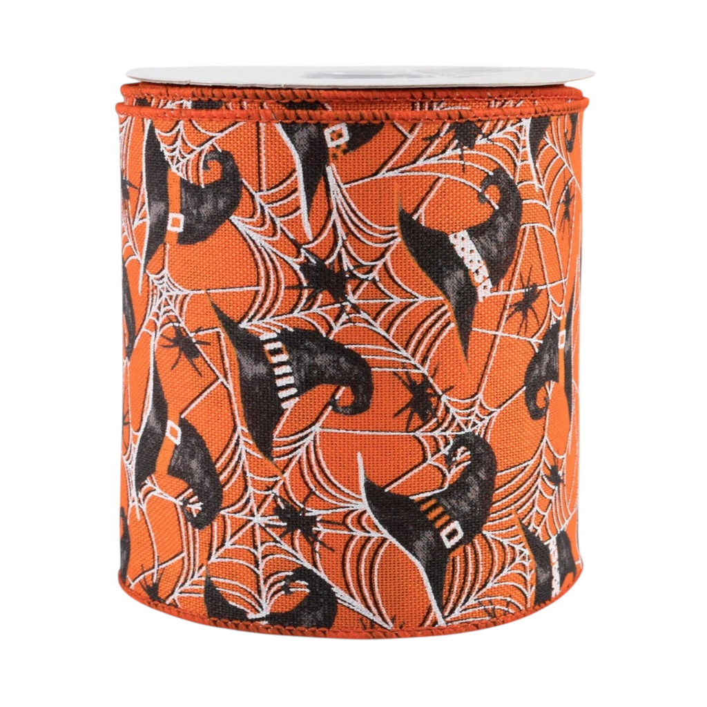 The Matthew John Collective orange canvas ribbon featuring witch hats, spider webs, and black spiders with wired edges.