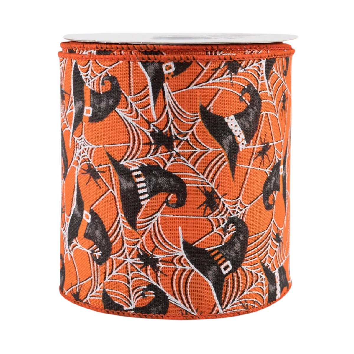 The Matthew John Collective orange canvas ribbon featuring witch hats, spider webs, and black spiders with wired edges.