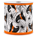 The Matthew John Collective Halloween wired ribbon featuring black witch hats and spiders on a white web background.