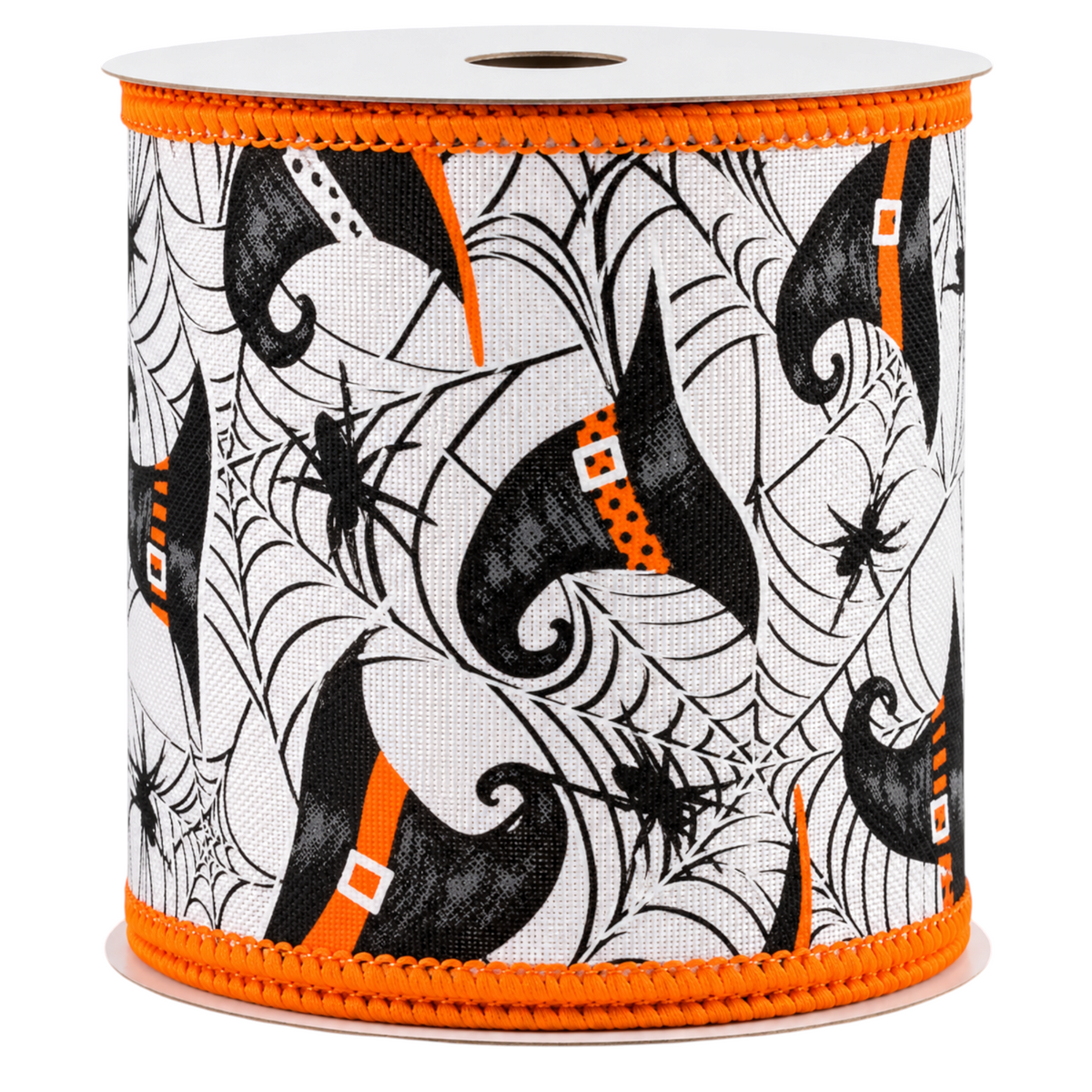 The Matthew John Collective Halloween wired ribbon featuring black witch hats and spiders on a white web background.