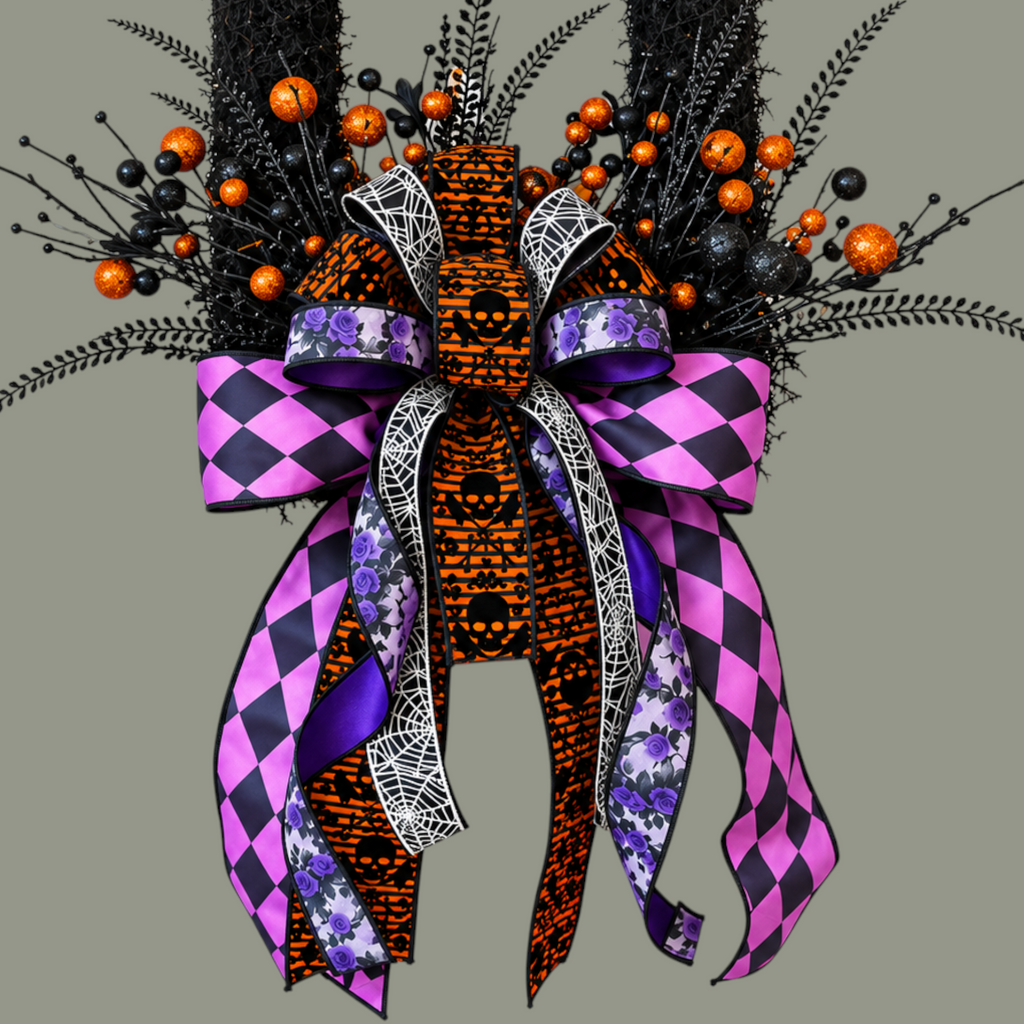 The Matthew John Collective Midnight Masquerade Halloween wreath with a large designer bow, purple, orange, and black.