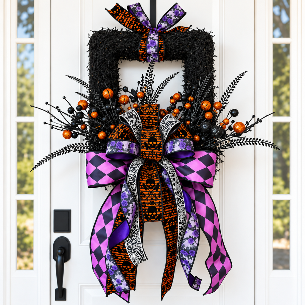 The Matthew John Collective Midnight Masquerade Halloween wreath with purple, orange, and black designer ribbon tails.