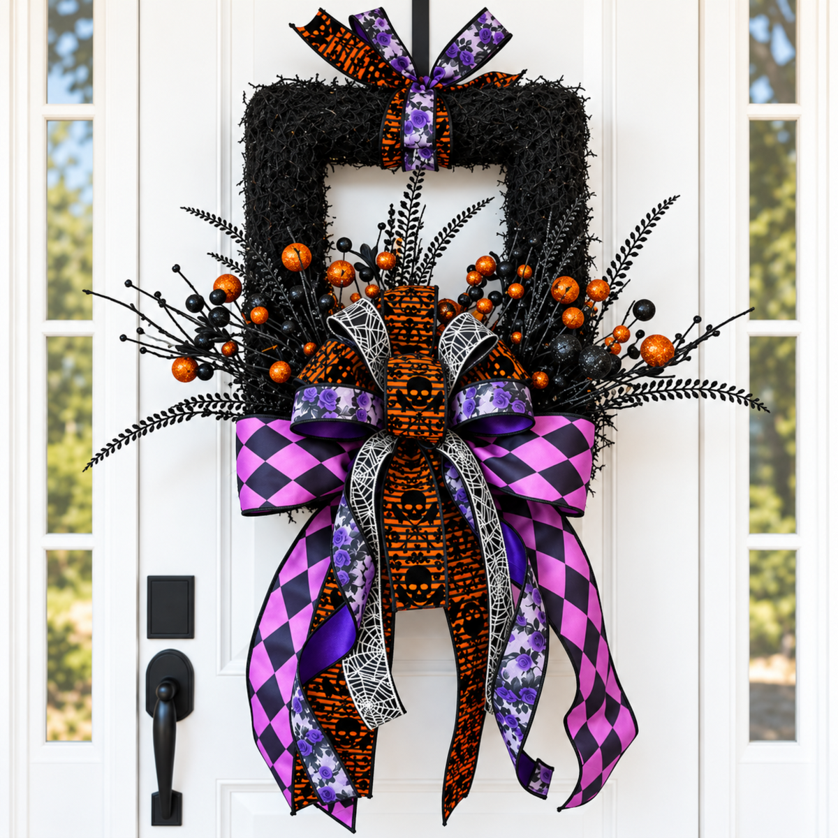 The Matthew John Collective Midnight Masquerade Halloween wreath with purple, orange, and black designer ribbon tails.
