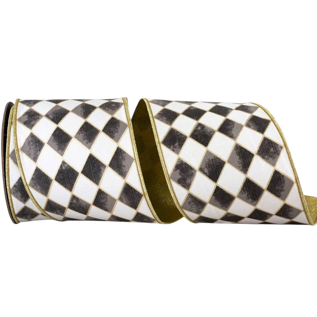 The Matthew John Collective black and white harlequin diamond ribbon with metallic gold wired edges and backing.