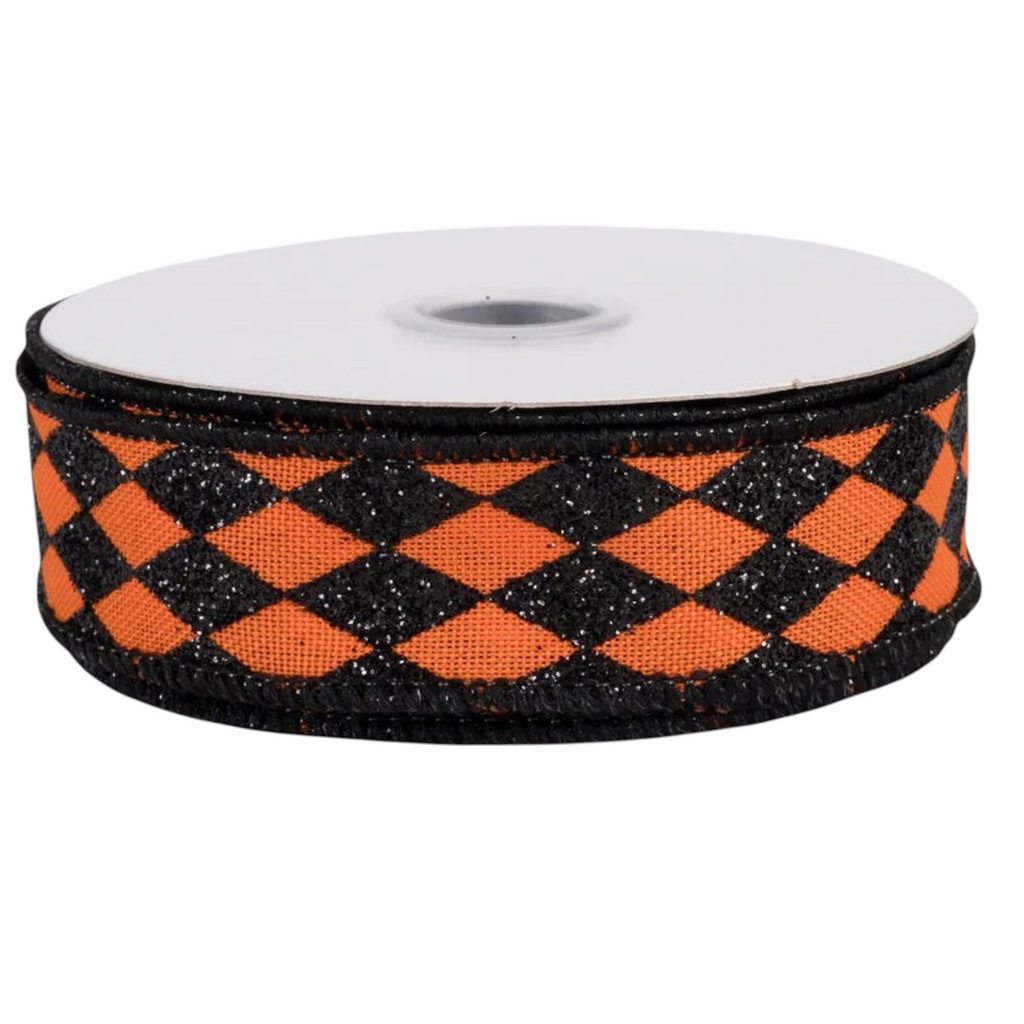 The Matthew John Collective orange and black glitter harlequin wired ribbon on a spool for Halloween crafts.