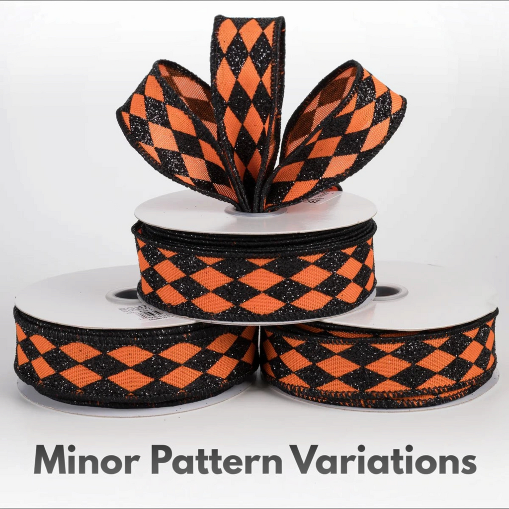 The Matthew John Collective orange and black glitter harlequin diamond pattern wired ribbon for Halloween crafts.