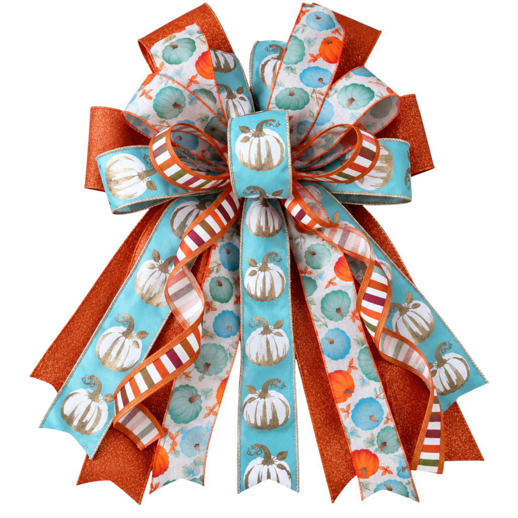 The Matthew John Collective Harvest Blues wreath bow featuring aqua, orange, and cream pumpkin print wired ribbons.