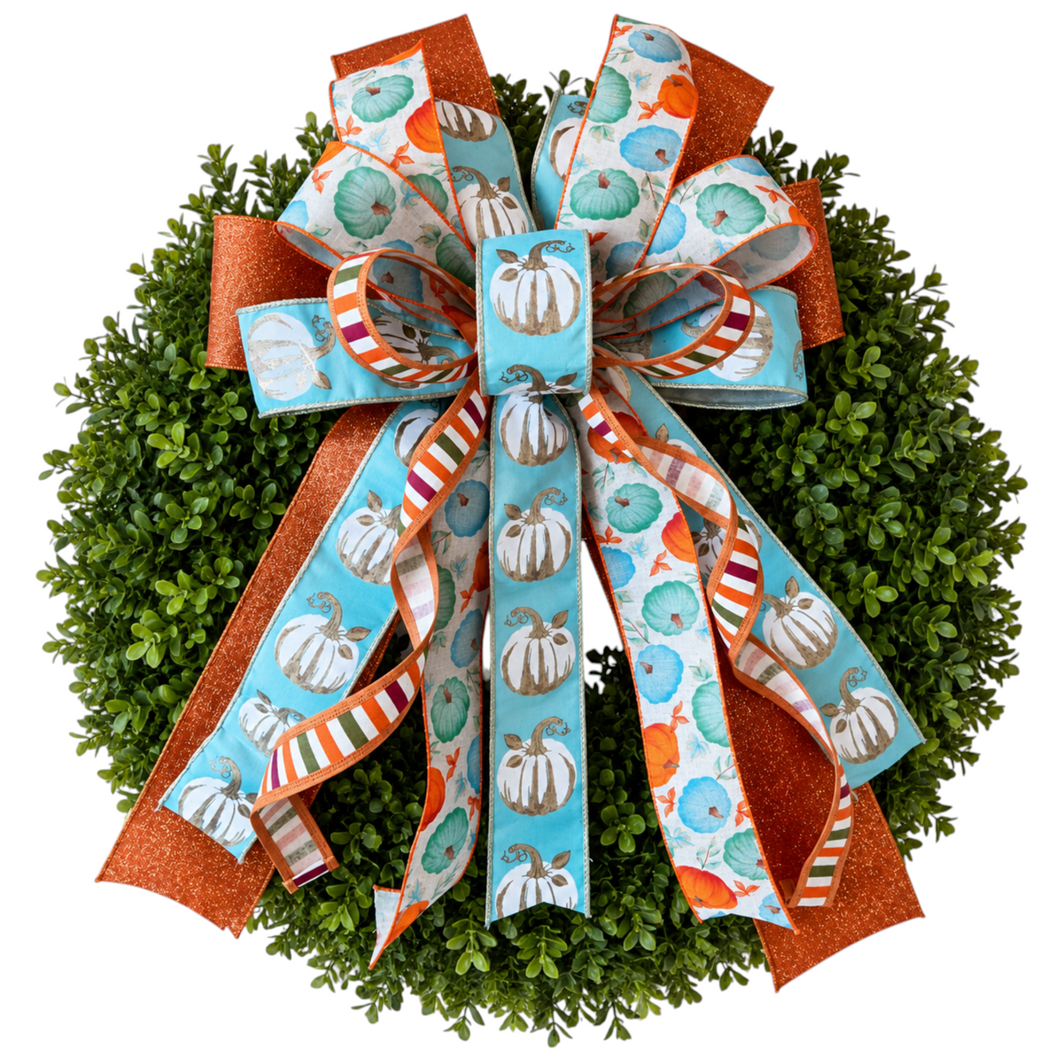 The Matthew John Collective Harvest Blues wreath bow featuring aqua, orange, and cream pumpkin print wired ribbons.
