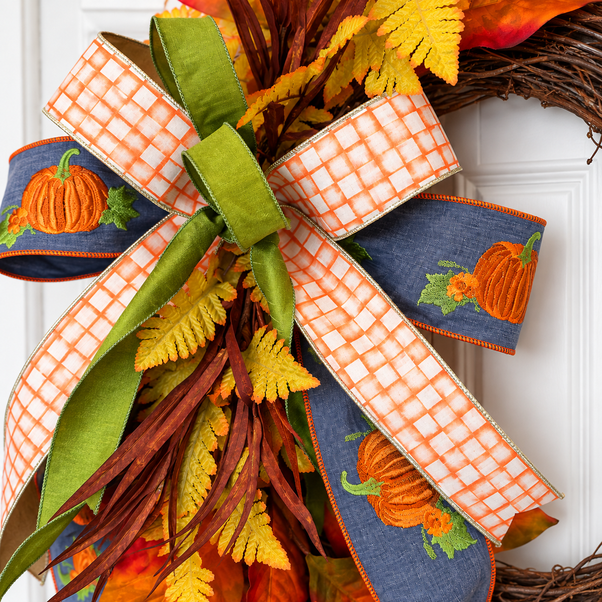 The Matthew John Collective Harvest Moon grapevine wreath with autumn foliage, pumpkin ribbon, and a designer bow.