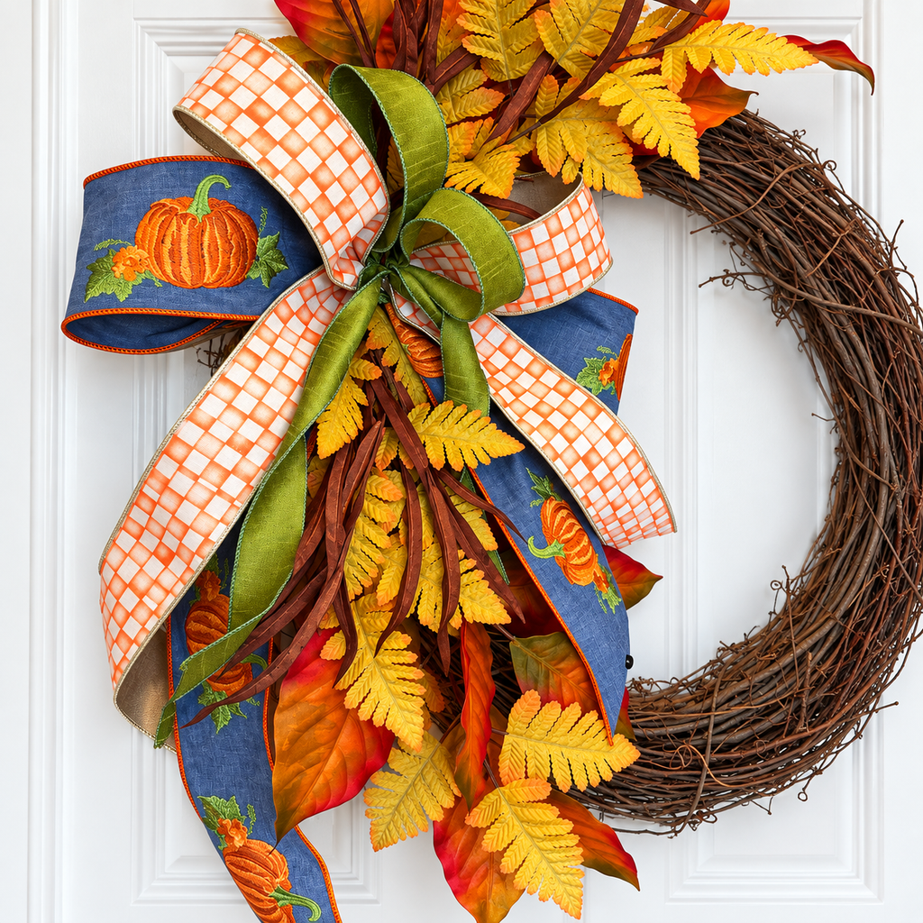 The Matthew John Collective Harvest Moon grapevine wreath with autumn foliage, pumpkin ribbon, and gingham bow.