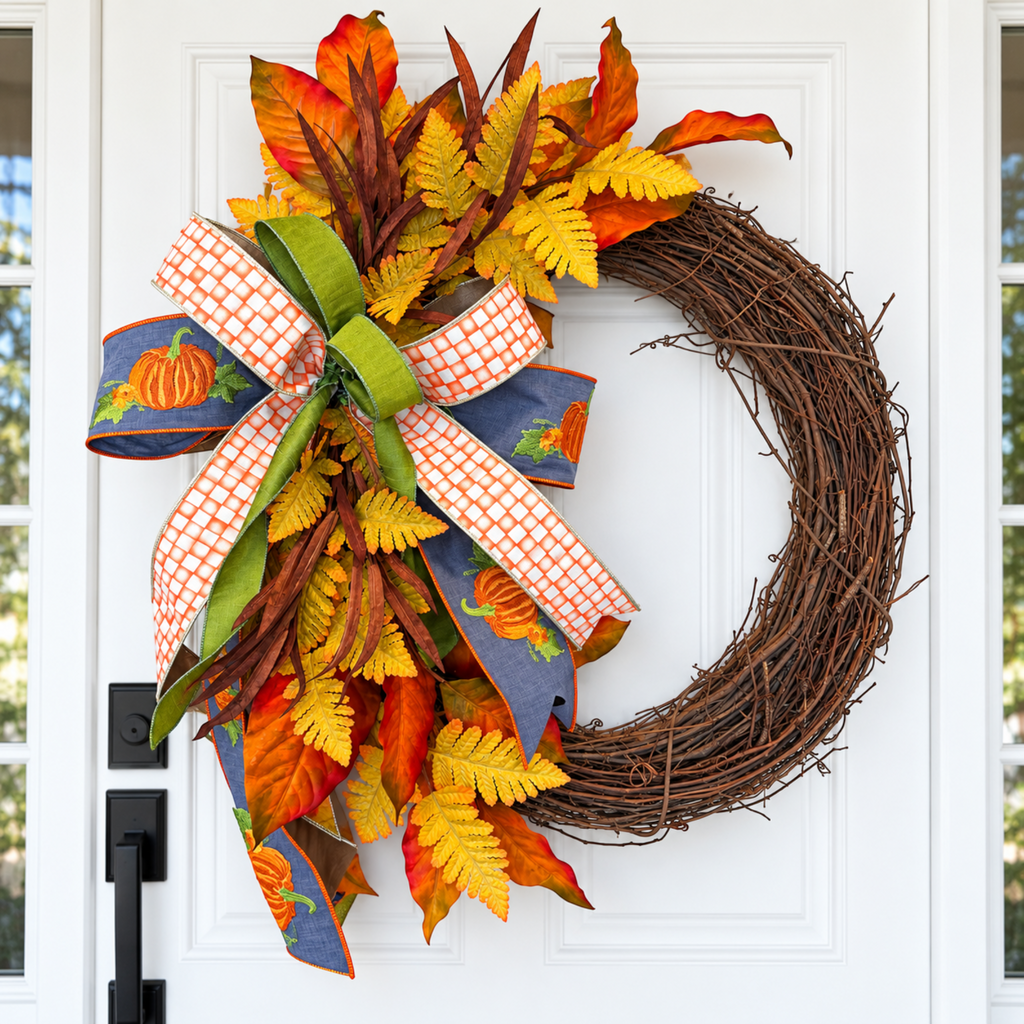 The Matthew John Collective Harvest Moon grapevine wreath with autumn foliage, pumpkin ribbon, and a designer bow.