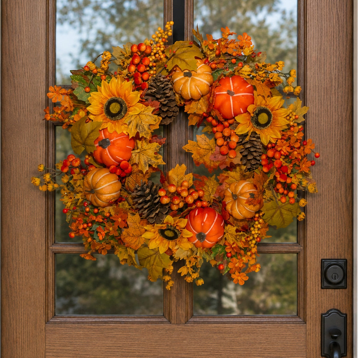 The Matthew John Collective 26-inch harvest pumpkin wreath with sunflowers, pinecones, and fall foliage on a wood door.