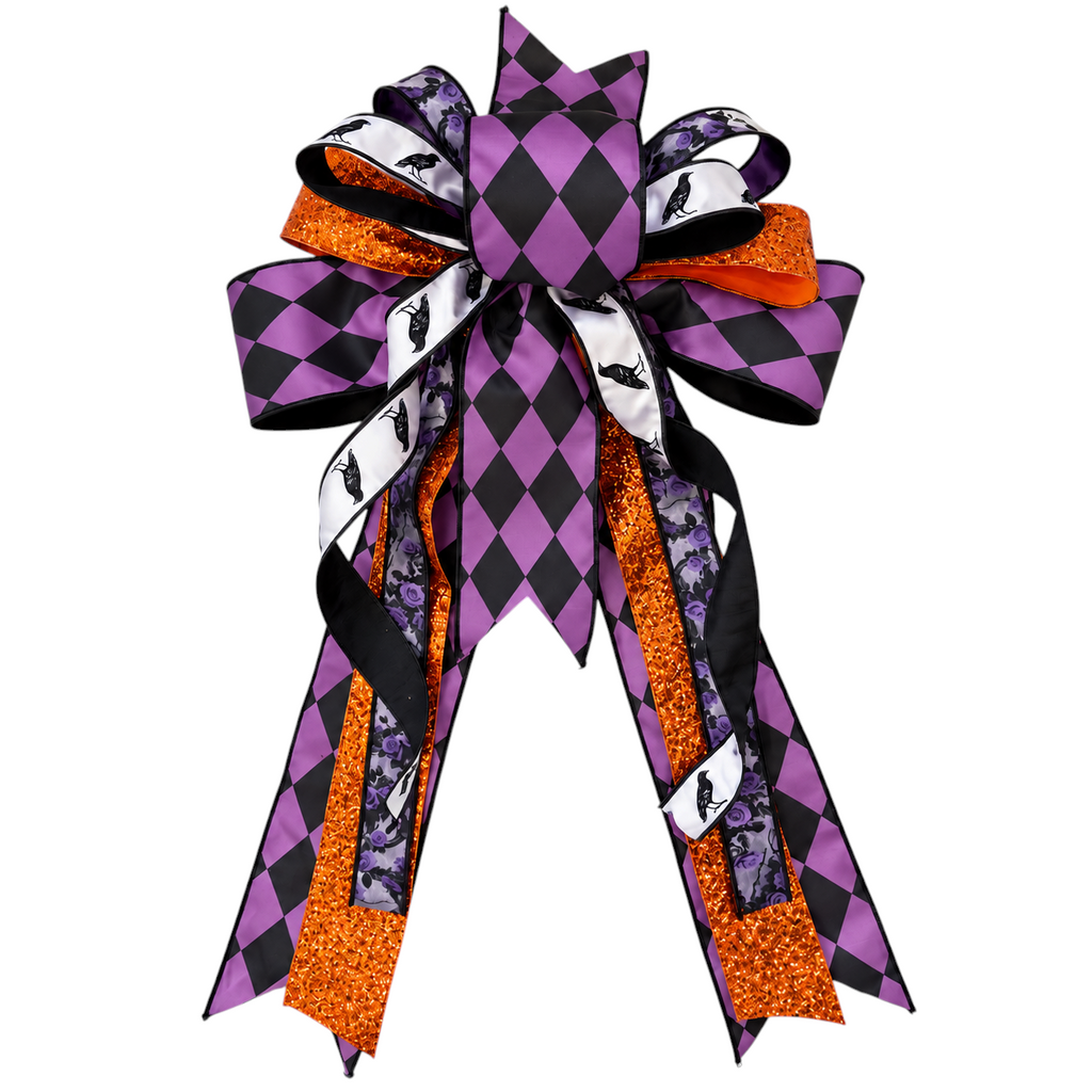 The Matthew John Collective handmade Halloween bow featuring purple and black harlequin, raven, and orange glitter ribbon