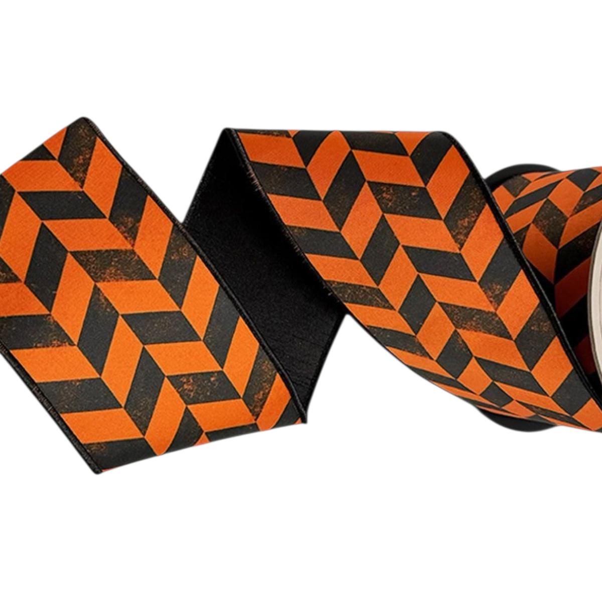The Matthew John Collective D Stevens satin ribbon featuring a black and orange herringbone pattern with wired edges.