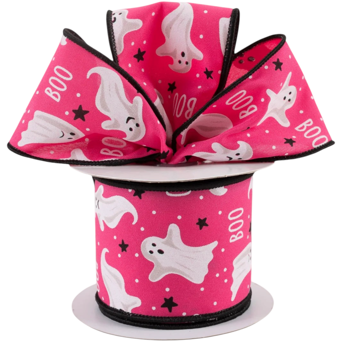 The Matthew John Collective hot pink wired ribbon featuring white ghosts, black stars, and Boo text for Halloween.