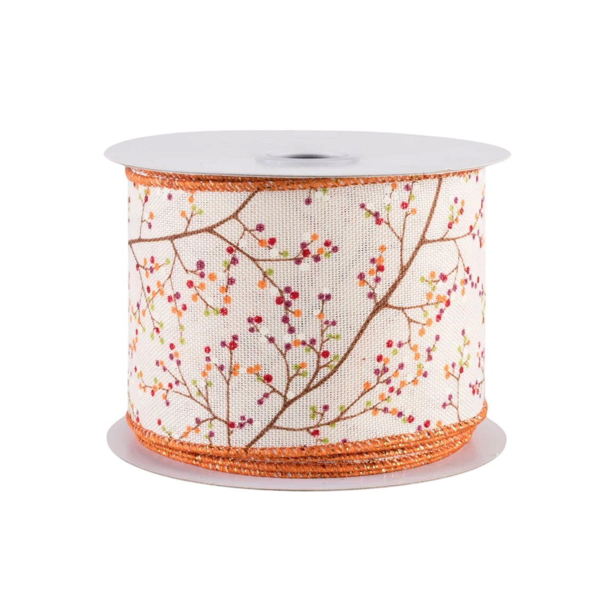 The Matthew John Collective ivory wired ribbon featuring a mini berry branch pattern with rust metallic edges.