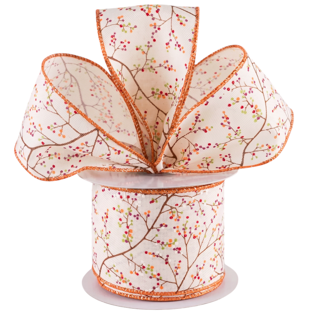 The Matthew John Collective ivory wired ribbon featuring a mini berry branch botanical pattern and rust metallic edges.