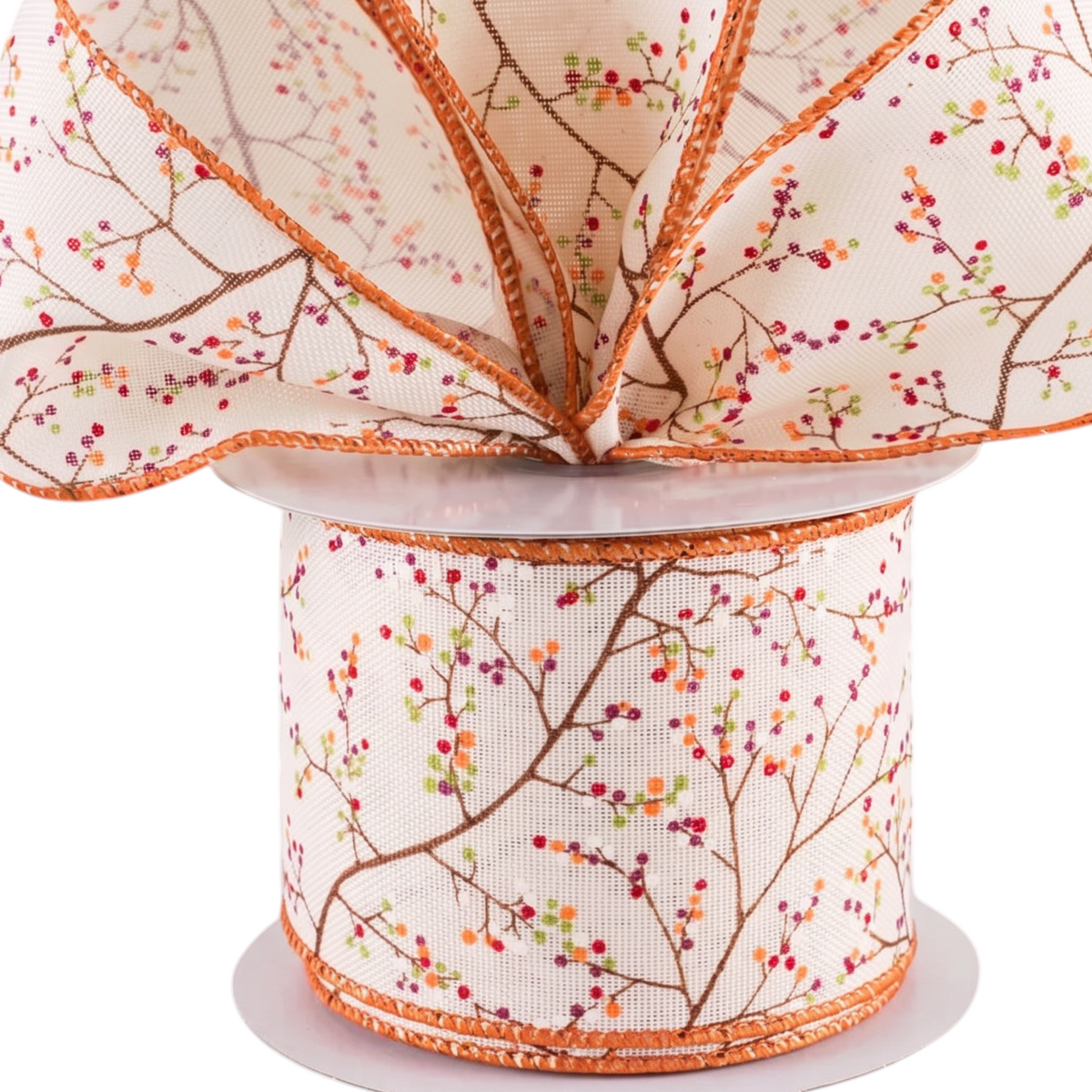 The Matthew John Collective ivory wired ribbon with a mini berry branch pattern and rust metallic edges for fall decor
