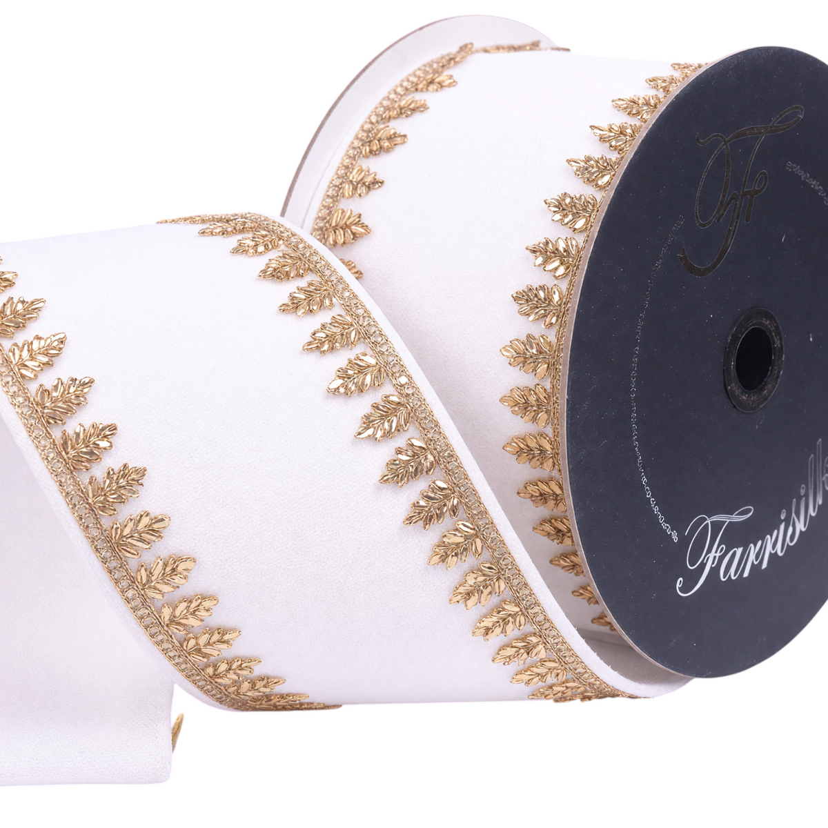 The Matthew John Collective Farrisilk Pinyon Jewel ivory holiday ribbon with metallic gold leaf-patterned trim edges.