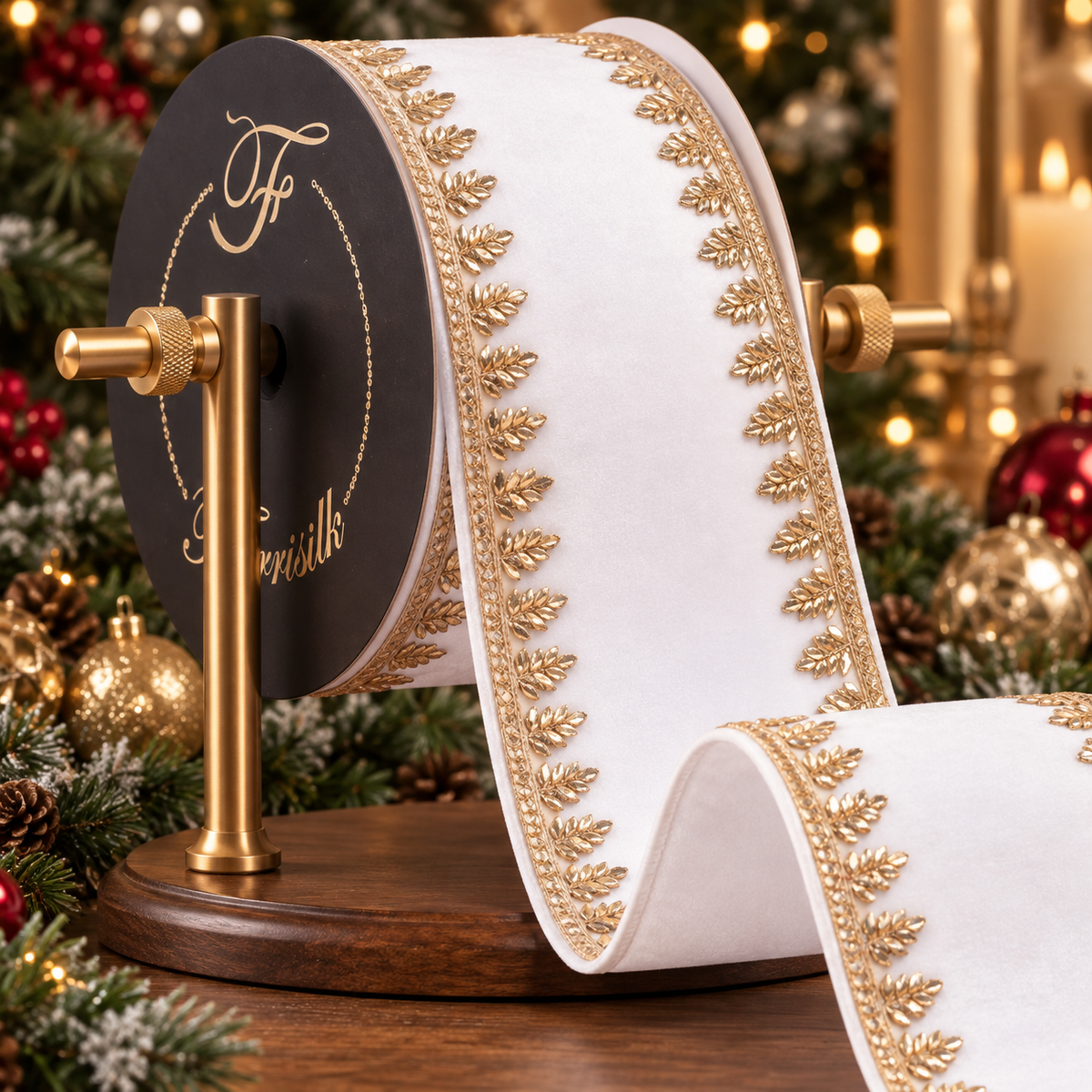 The Matthew John Collective Farrisilk ivory holiday ribbon with gold leaf trim on a wooden spool in a festive setting.