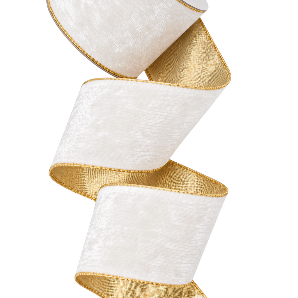The Matthew John Collective ivory velvet and metallic gold dupioni wired ribbon for elegant holiday décor.