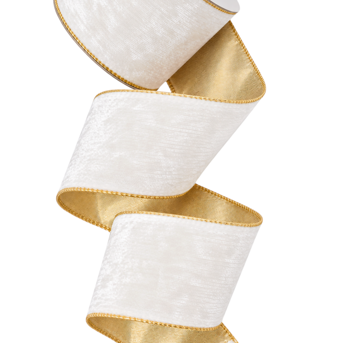 The Matthew John Collective ivory velvet and metallic gold dupioni wired ribbon for elegant holiday décor.