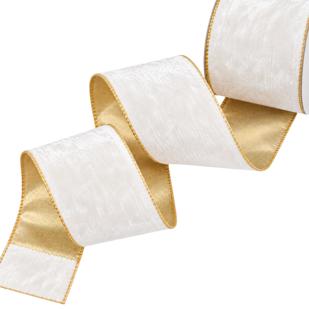 The Matthew John Collective 4-inch ivory velvet and metallic gold dupioni wired ribbon for elegant holiday décor.
